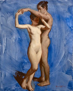 Couple #2- Peinture contemporaine du 21e siècle représentant un homme et une femme dansant nus 