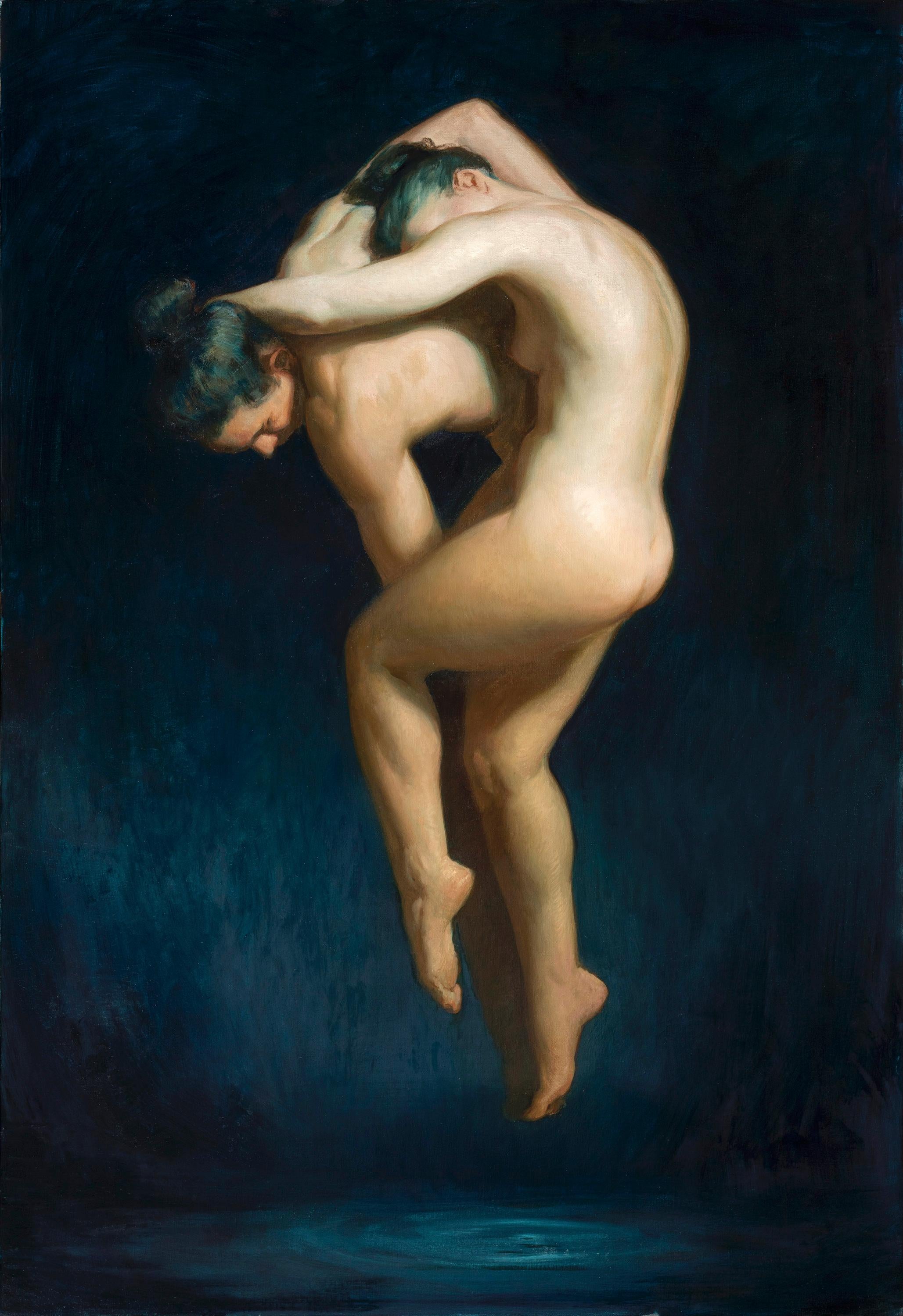 Daniela Astone Nude Painting - "Dancing Love" contemporary ethereal nude figures in green and blue water 