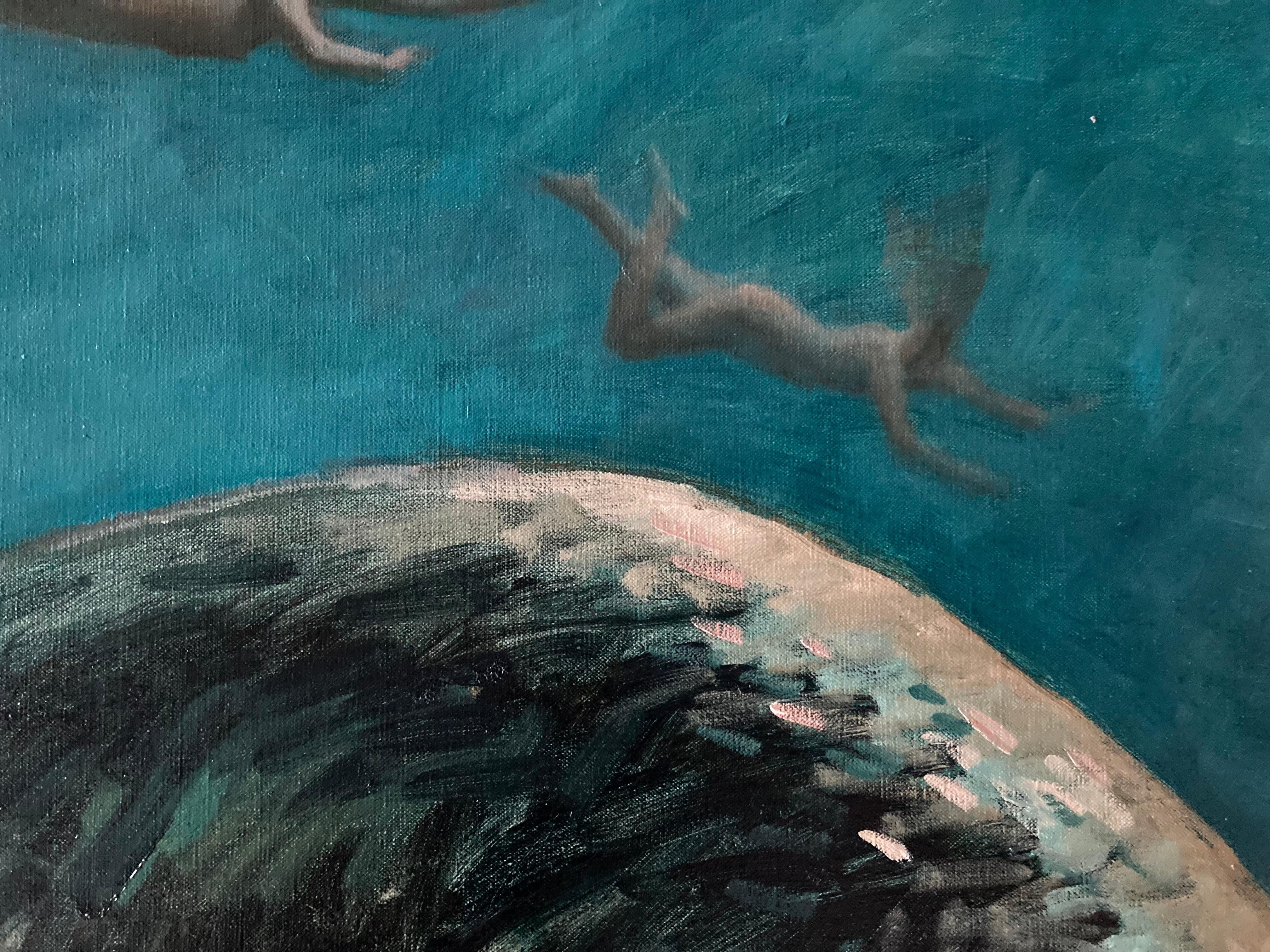 « Deep Down » 2023, peinture à l'huile surréaliste dans une eau bleue verte, artefact en bronze en vente 6