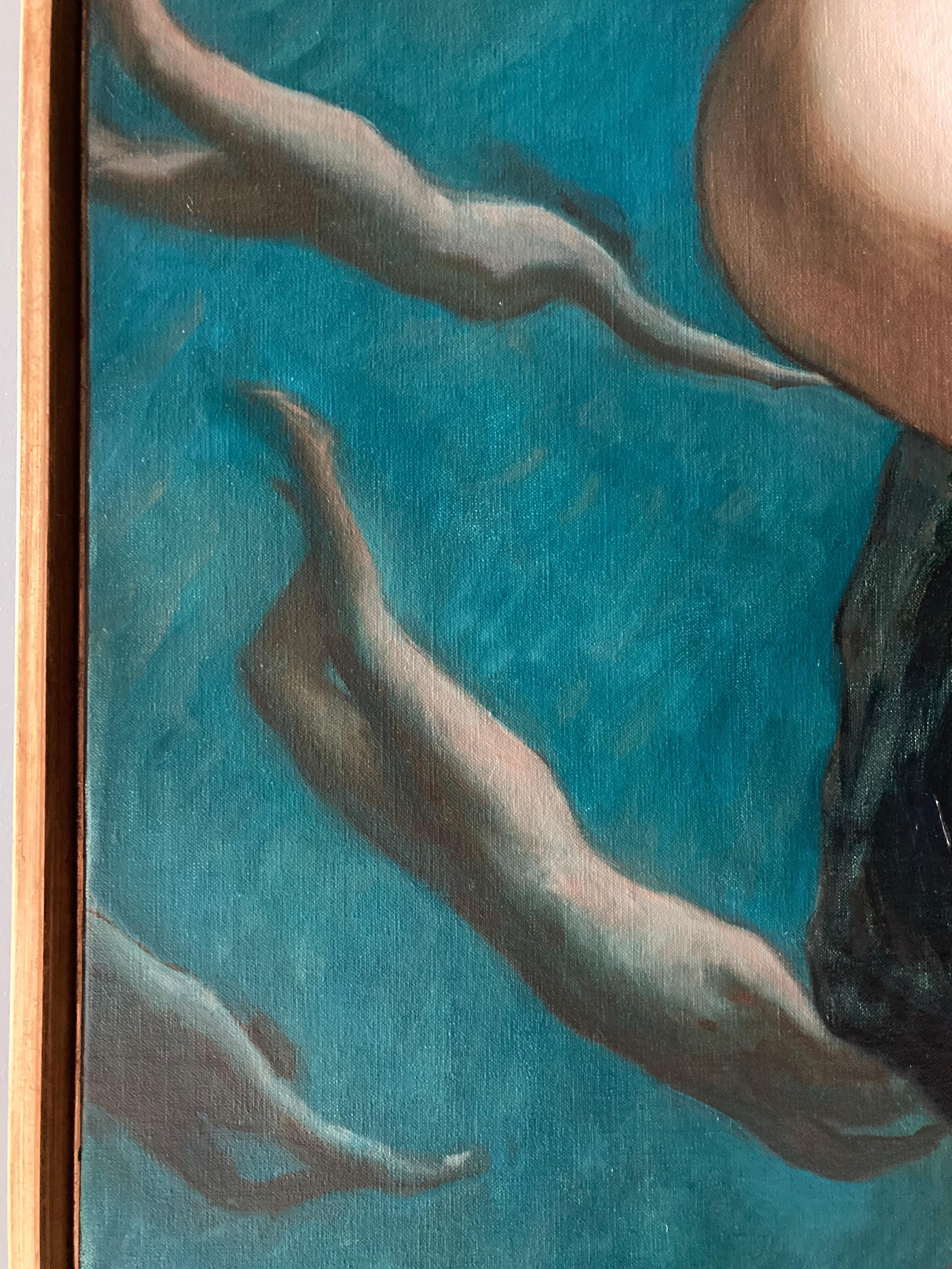 « Deep Down » 2023, peinture à l'huile surréaliste dans une eau bleue verte, artefact en bronze en vente 8