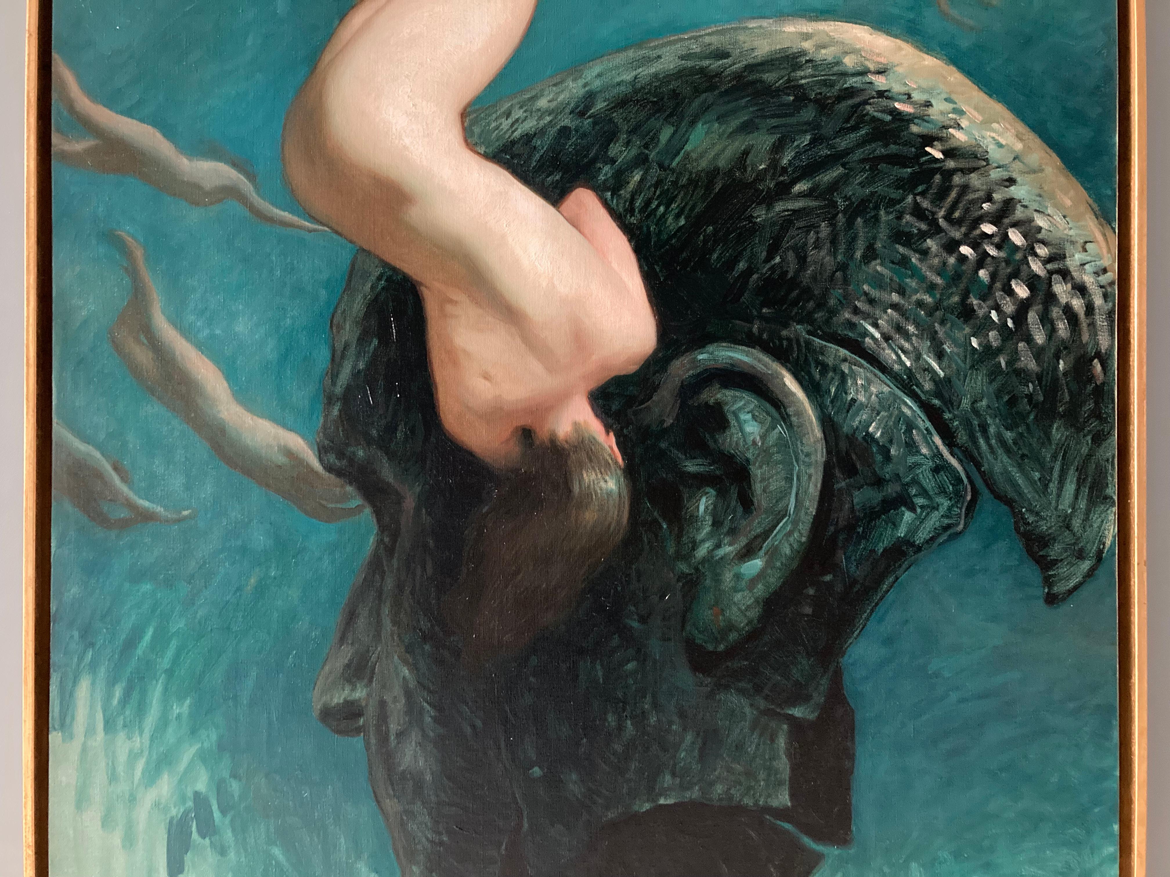 « Deep Down » 2023, peinture à l'huile surréaliste dans une eau bleue verte, artefact en bronze en vente 9