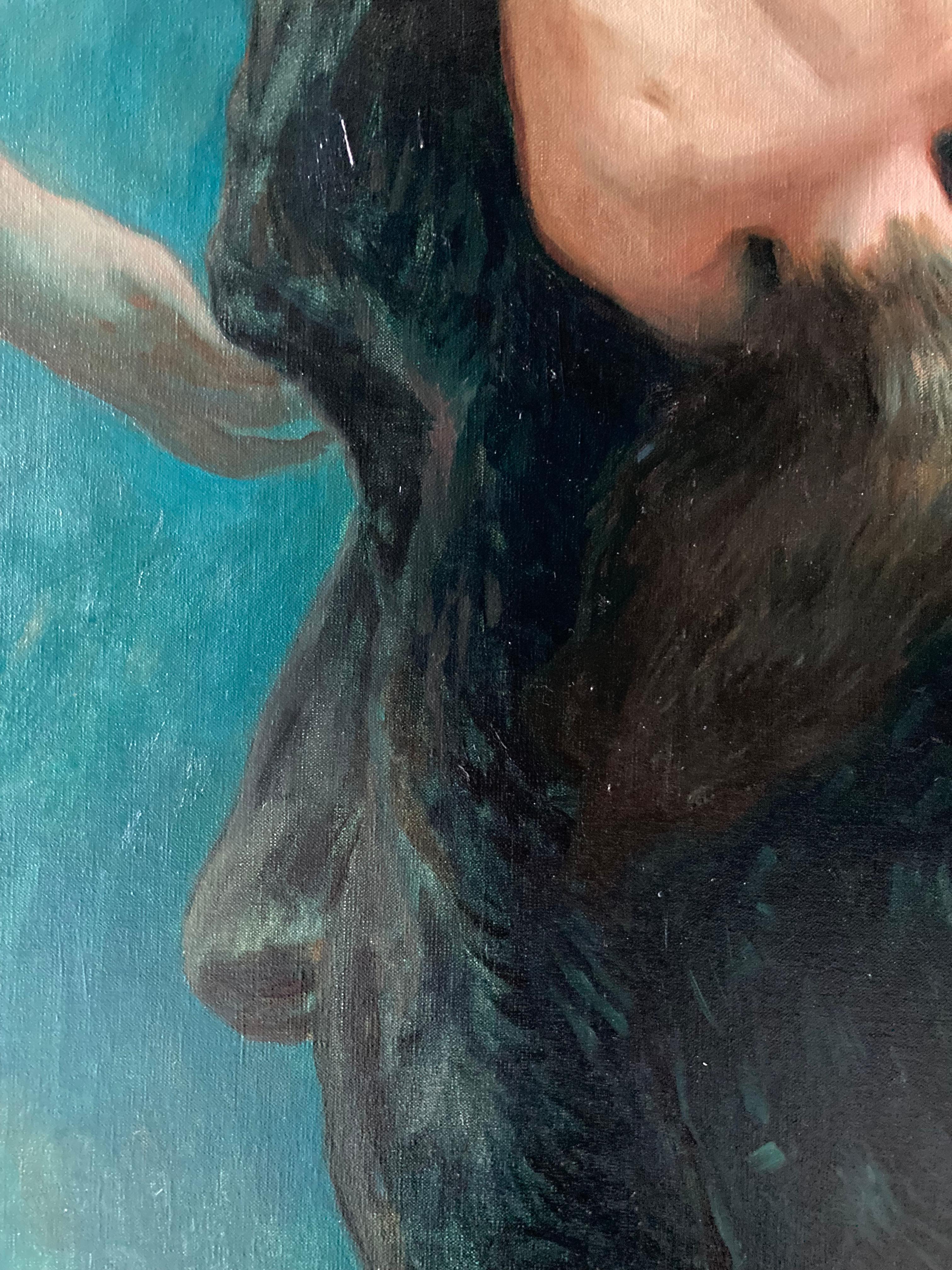 « Deep Down » 2023, peinture à l'huile surréaliste dans une eau bleue verte, artefact en bronze en vente 11