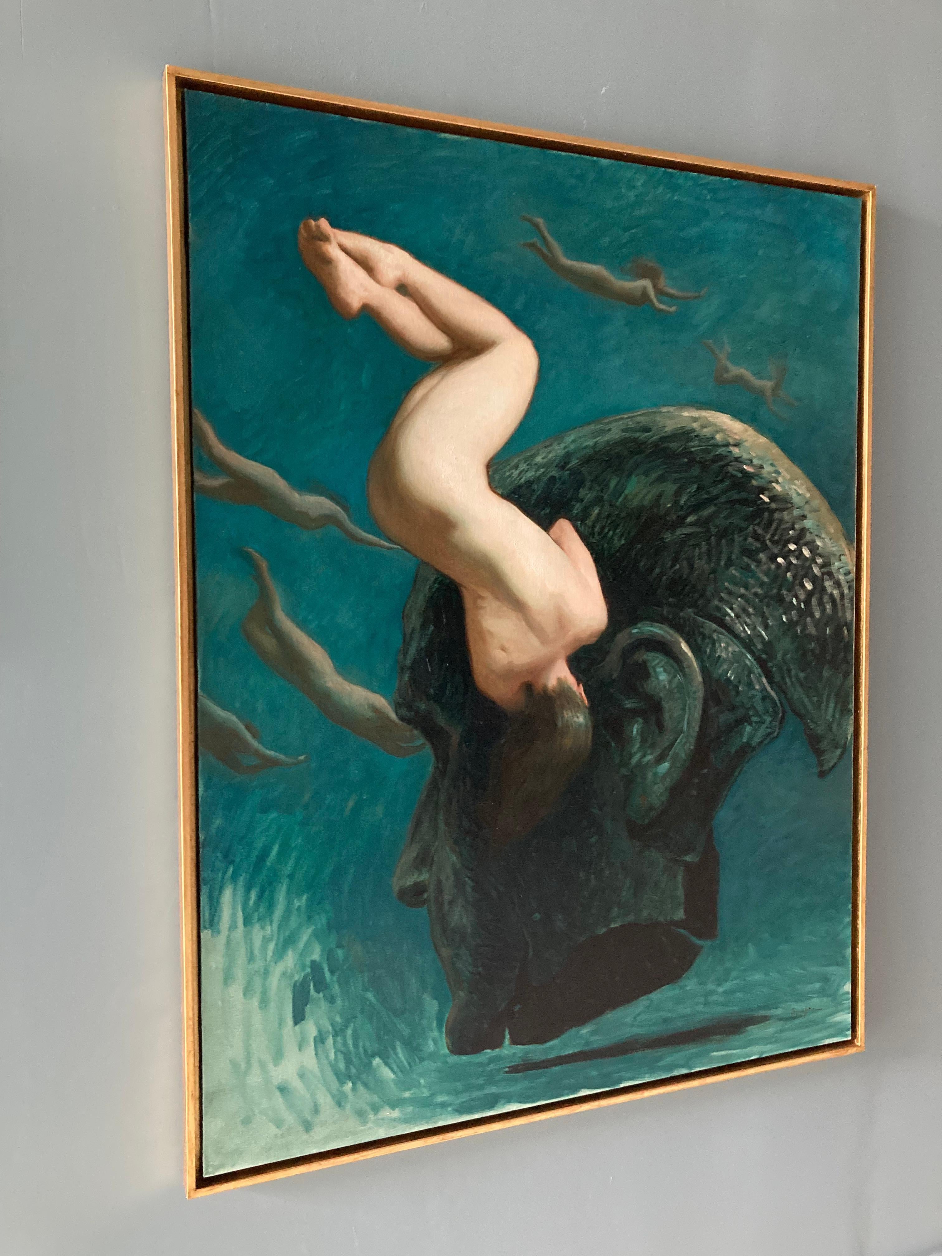 « Deep Down » 2023, peinture à l'huile surréaliste dans une eau bleue verte, artefact en bronze en vente 13