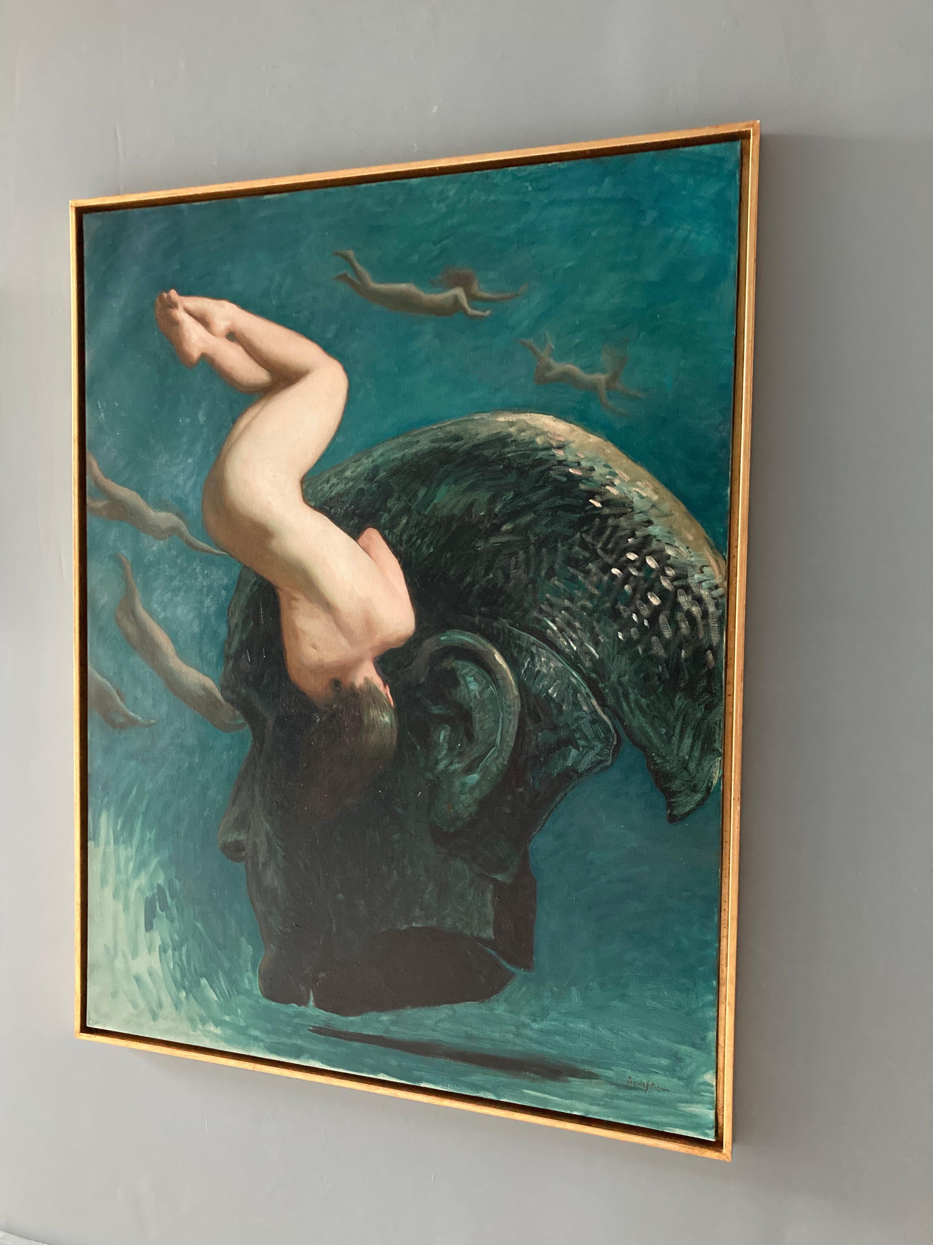 « Deep Down » 2023, peinture à l'huile surréaliste dans une eau bleue verte, artefact en bronze en vente 14