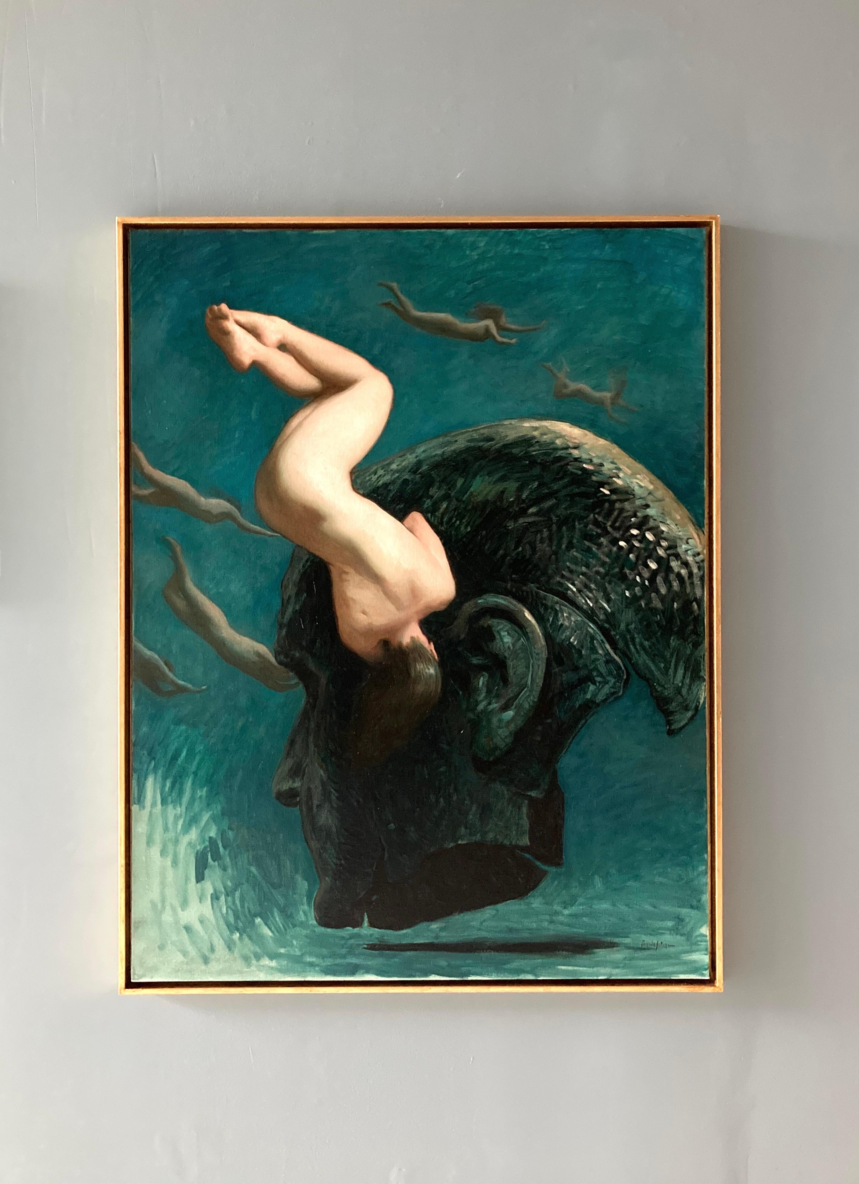 « Deep Down » 2023, peinture à l'huile surréaliste dans une eau bleue verte, artefact en bronze - Painting de Daniela Astone
