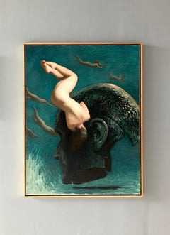 "Deep Down" 2023, surrealistic oil painting in blue green water, bronze artifact