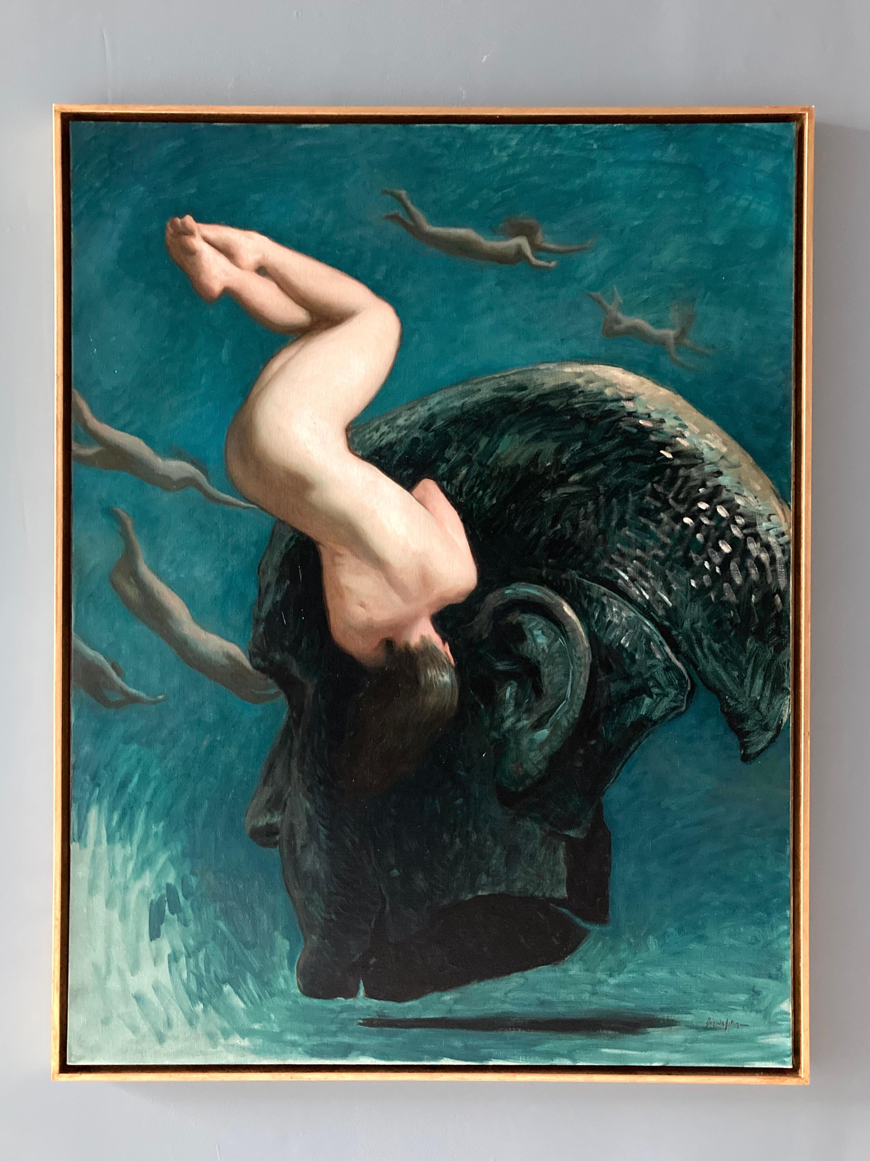 « Deep Down » 2023, peinture à l'huile surréaliste dans une eau bleue verte, artefact en bronze - Surréalisme Painting par Daniela Astone