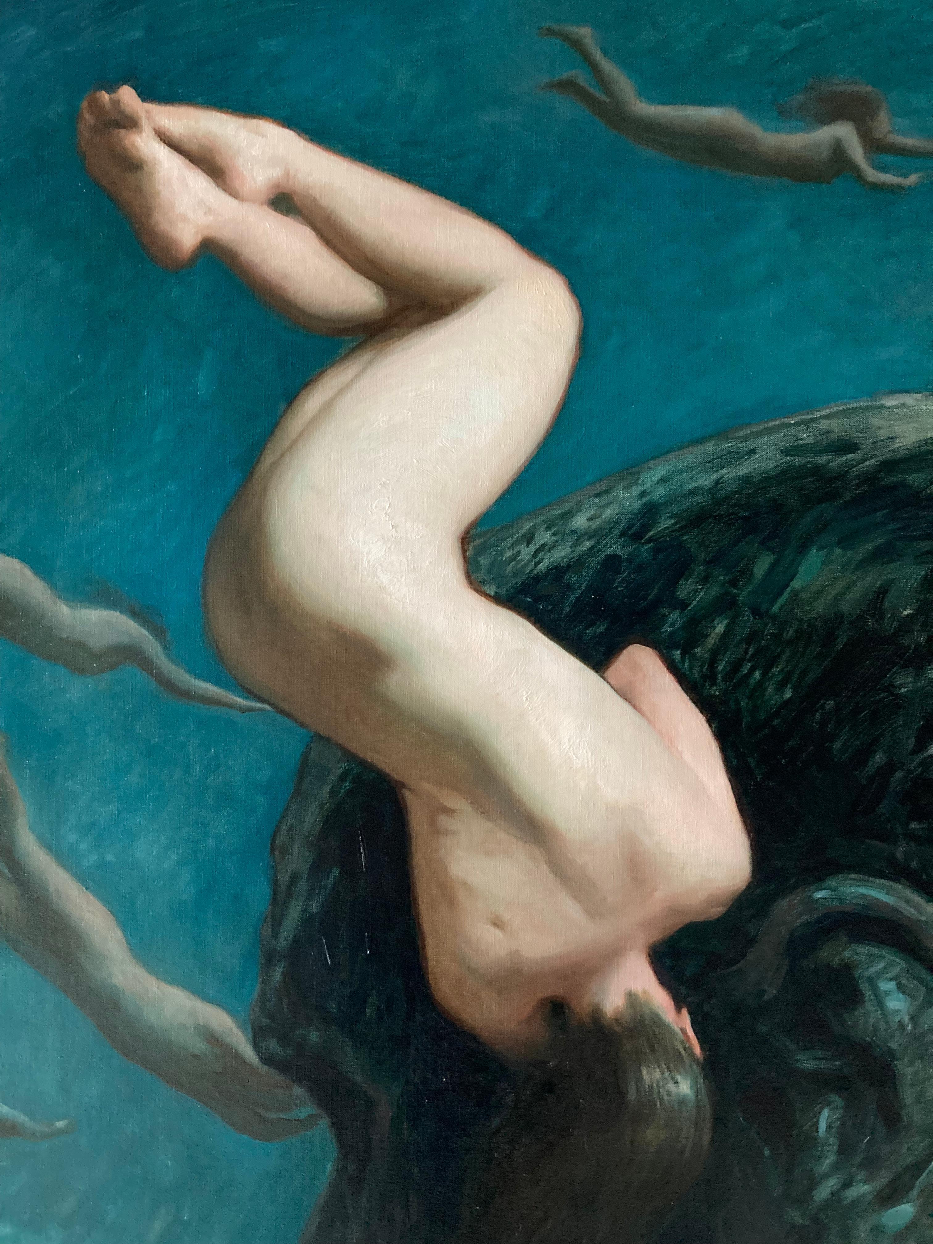 « Deep Down » 2023, peinture à l'huile surréaliste dans une eau bleue verte, artefact en bronze en vente 1