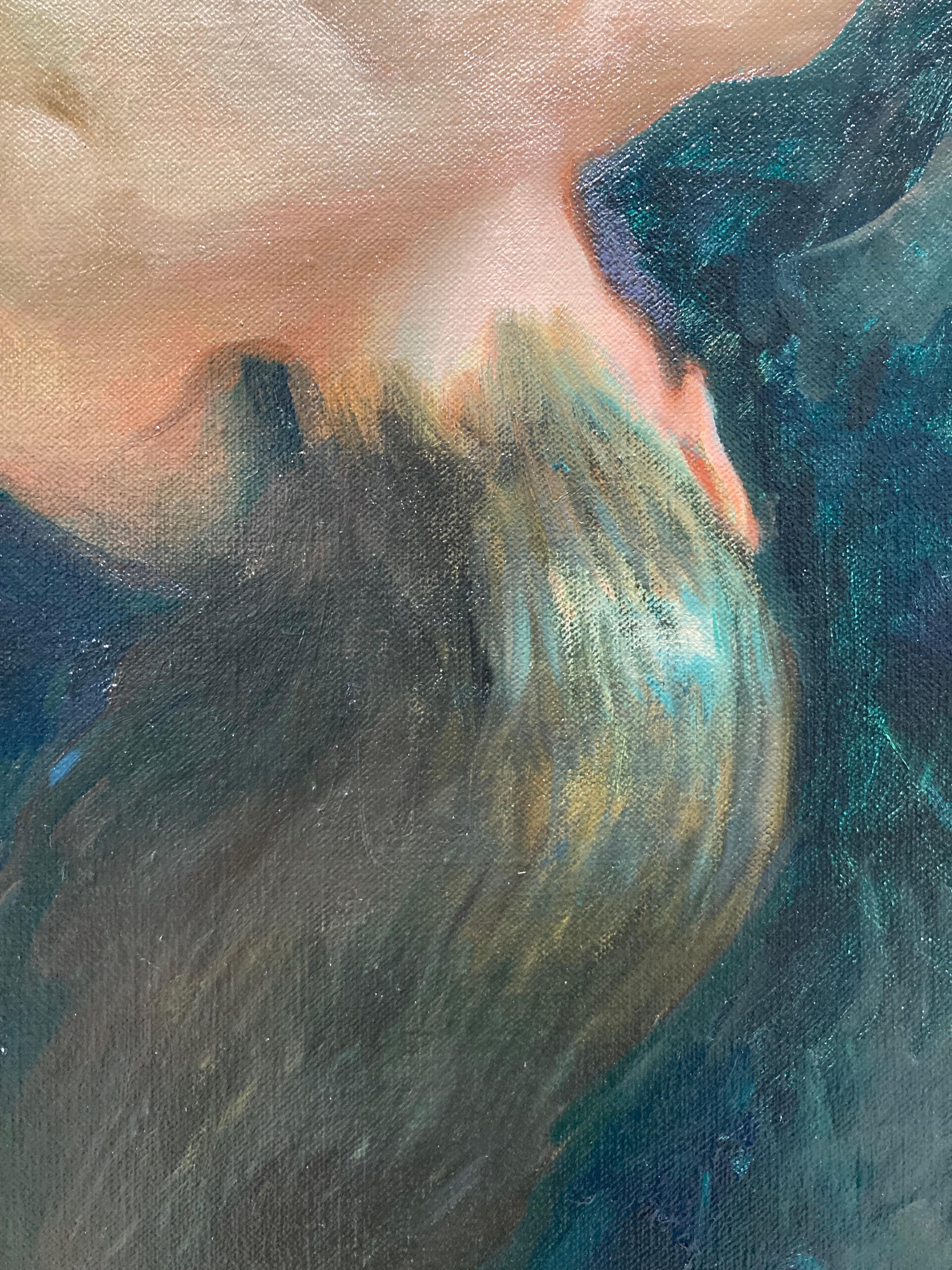 « Deep Down » 2023, peinture à l'huile surréaliste dans une eau bleue verte, artefact en bronze en vente 3