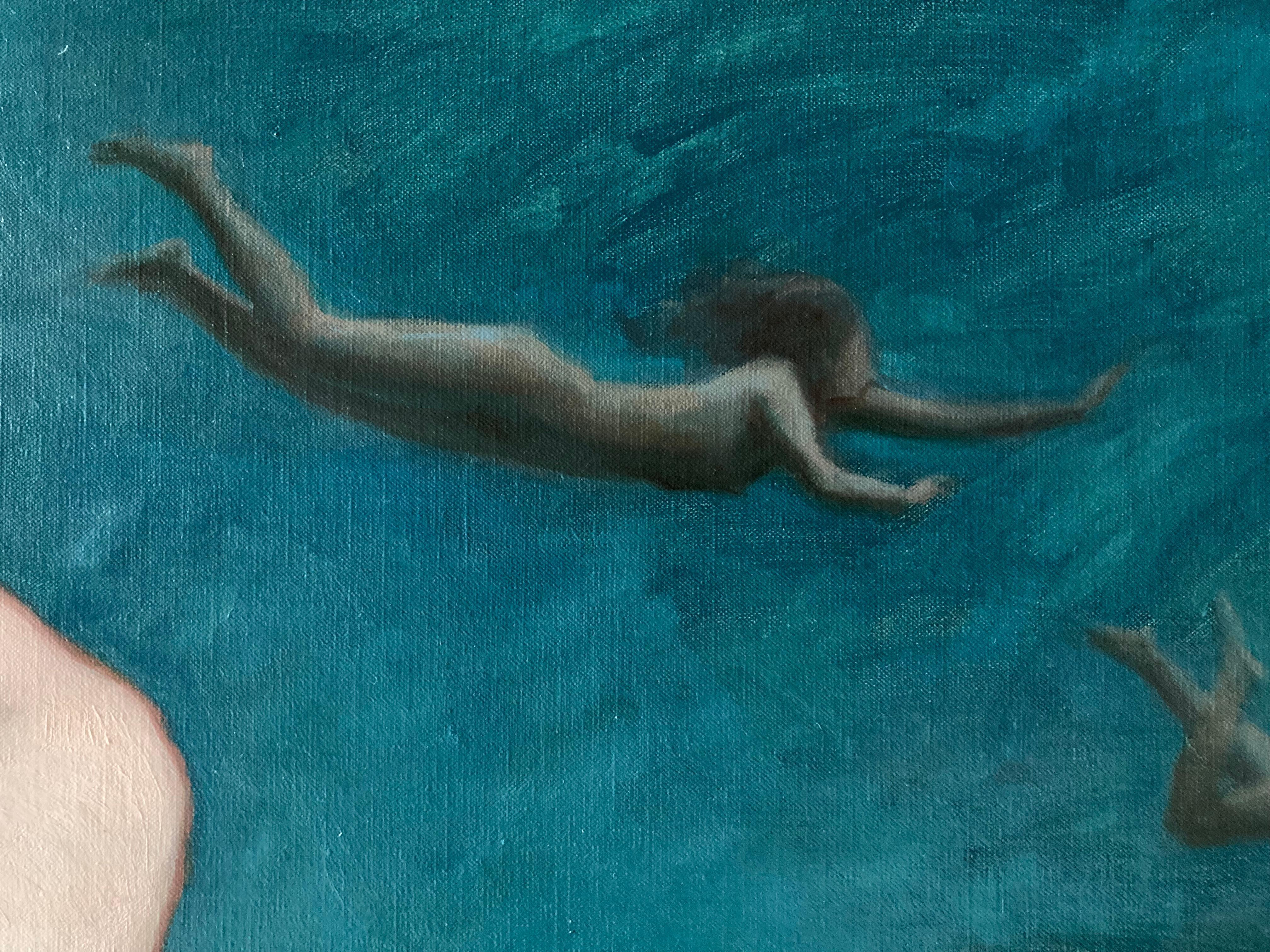 « Deep Down » 2023, peinture à l'huile surréaliste dans une eau bleue verte, artefact en bronze en vente 7