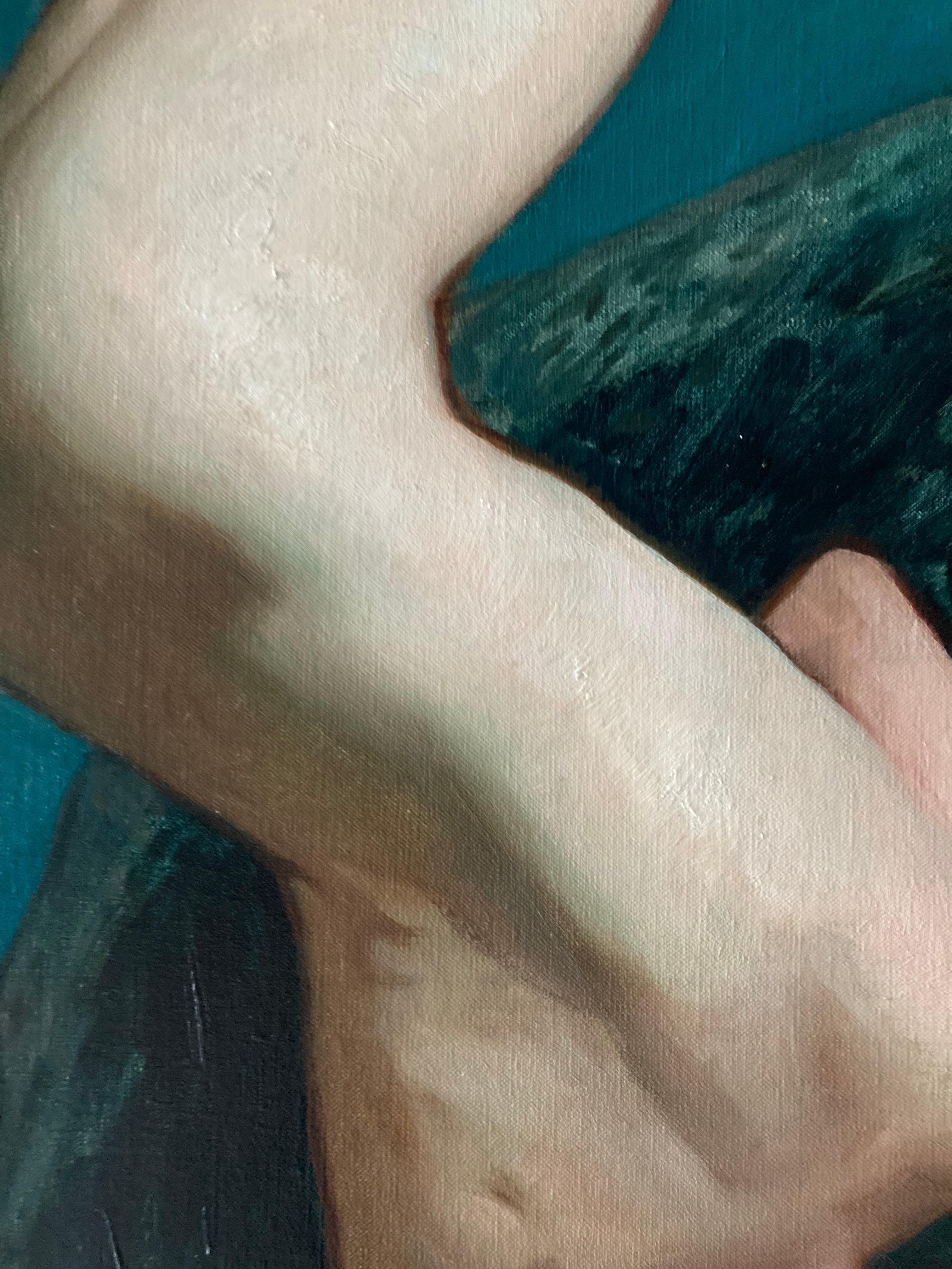 « Deep Down » 2023, peinture à l'huile surréaliste dans une eau bleue verte, artefact en bronze en vente 4