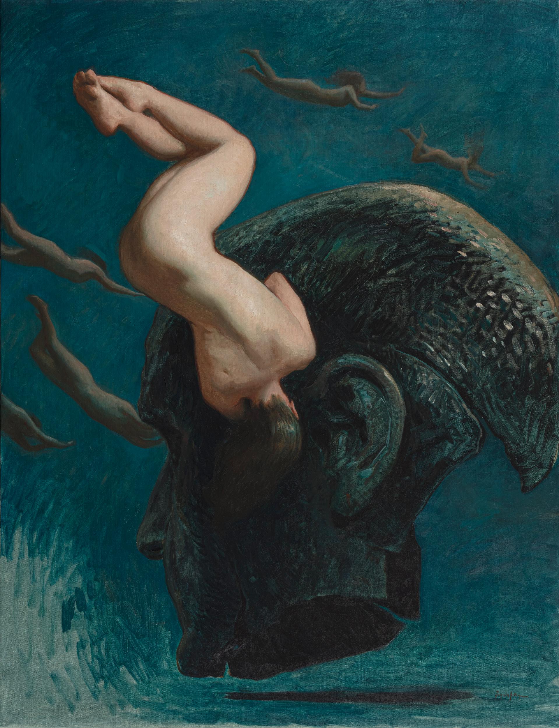 Figurative Painting Daniela Astone - « Deep Down » 2023, peinture à l'huile surréaliste dans une eau bleue verte, artefact en bronze