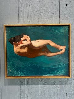"Floating" surreal oil painting, figures underwater in a loving embrace