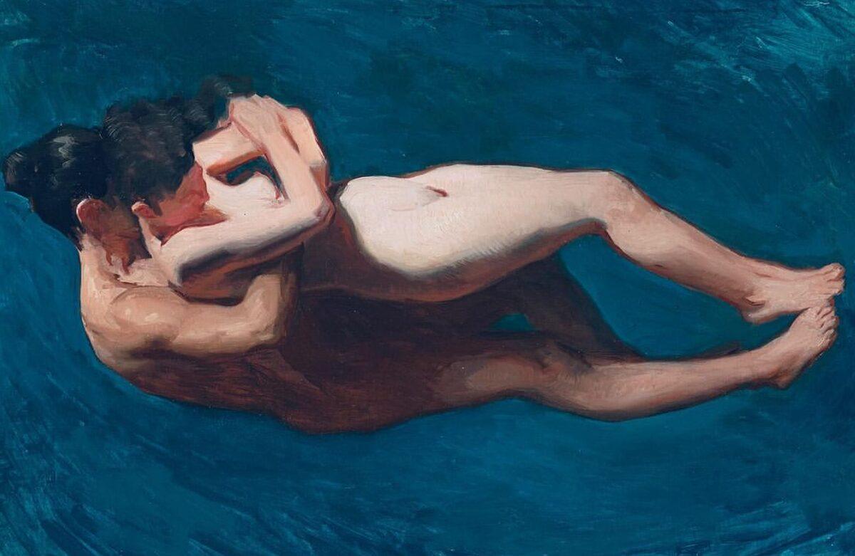 "Floating", pittura ad olio surreale, figure sott'acqua in un abbraccio d'amore
