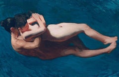 "Flotando" óleo surrealista, figuras bajo el agua en un abrazo amoroso