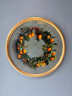 "Garland" realistic still life painting, wreath of orange blossoms and greens