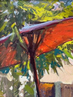 "House's entrance in Thailand" red & green classical realism painting of parrots