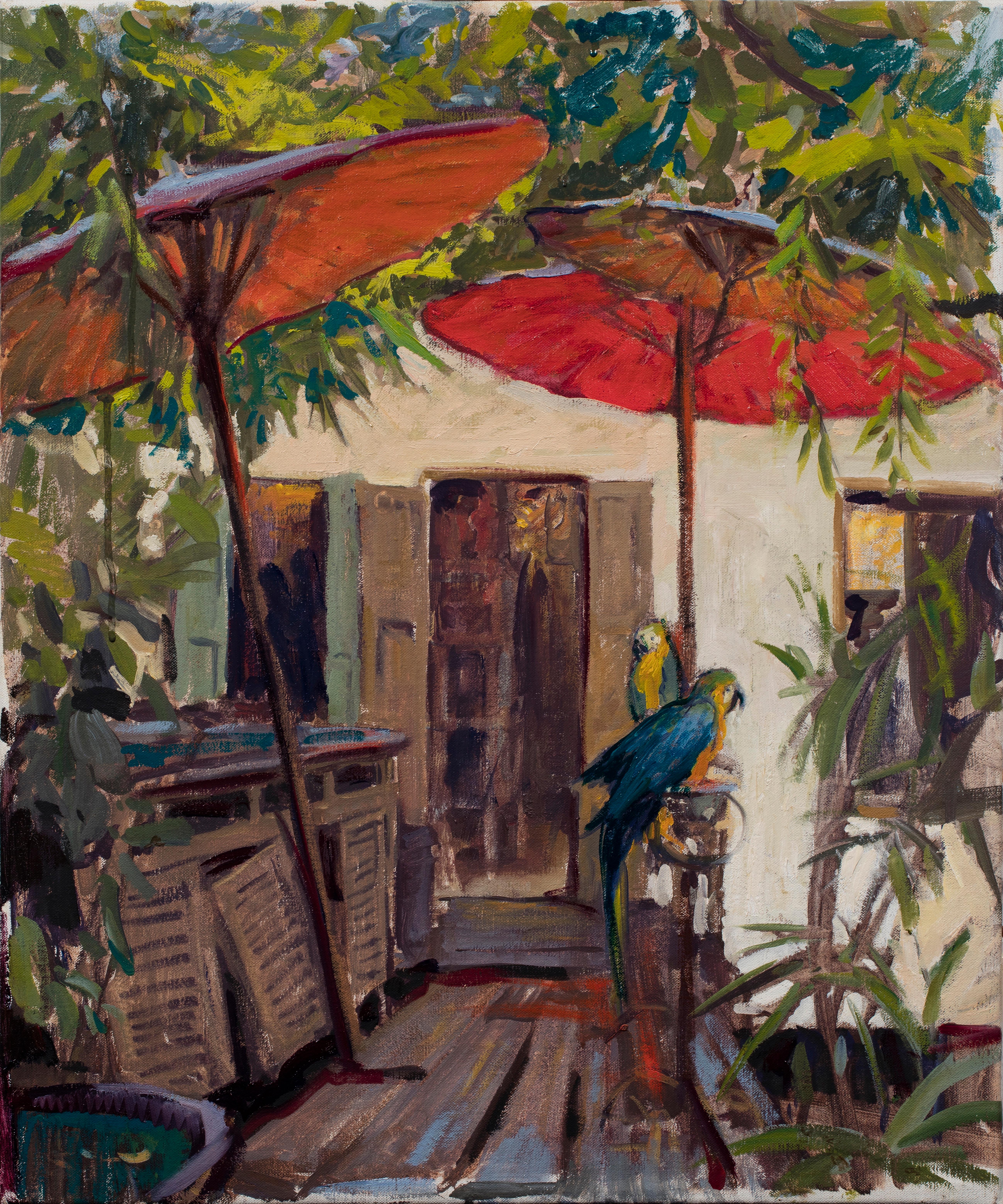 Still-Life Painting Daniela Astone - "Entrée de maison en Thaïlande" peinture réaliste classique rouge et verte de perroquets