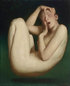 Intérieur - Peinture contemporaine du 21e siècle représentant une jeune fille nue
