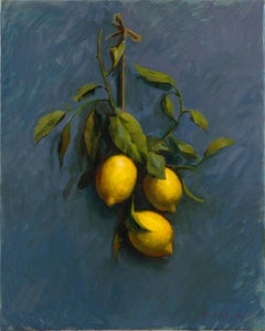 "Lemons" nature morte réaliste contemporaine d'intérieur jaune vert et bleu. 