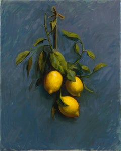 "Limones" bodegón contemporáneo realista interior amarillo verde y azul