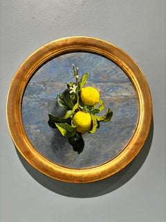 "Limones" pintura realista de bodegón, rama de limón con fruta y hojas