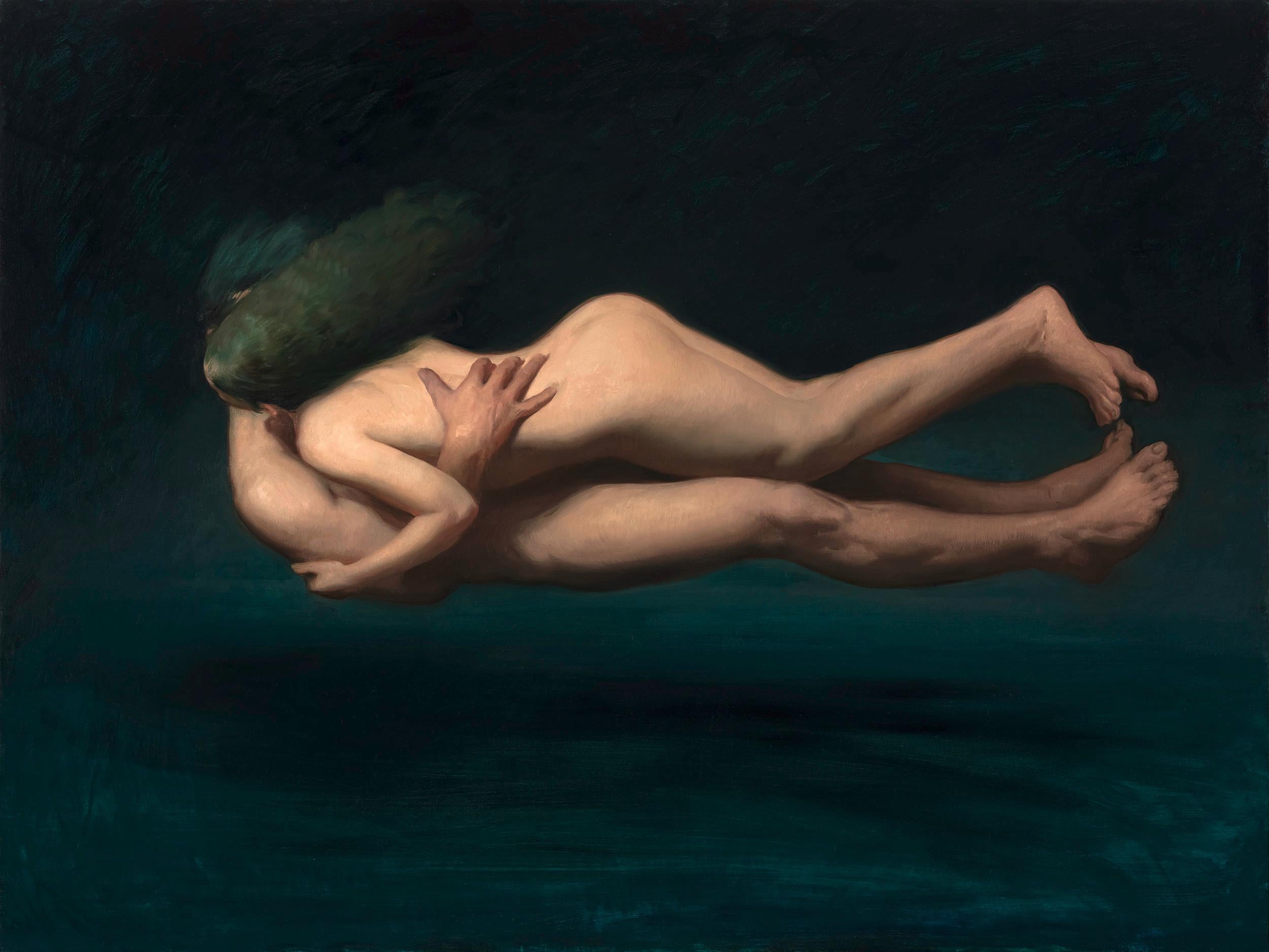 Figurative Painting di Daniela Astone - "Les deux moitiés" due figure che galleggiano in un'acqua verde e blu profonda
