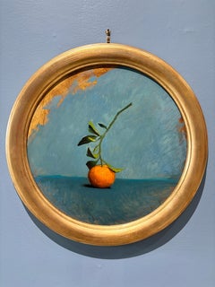 "Solitario" bodegón realista, pintura al óleo, rama naranja, fondo azul/azul marino