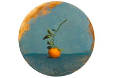 "Lonely" realist still life, oil painting, orange branch, blue/teal background