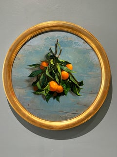 "Mandarins" realistic still life painting, bouquet of fruit with greens