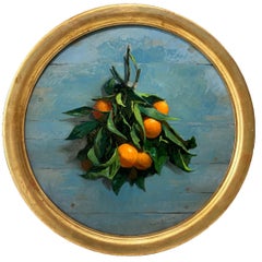 „Mandarins“, realistisches Stillleben, Obststrauß mit Grüntönen, realistisches Gemälde