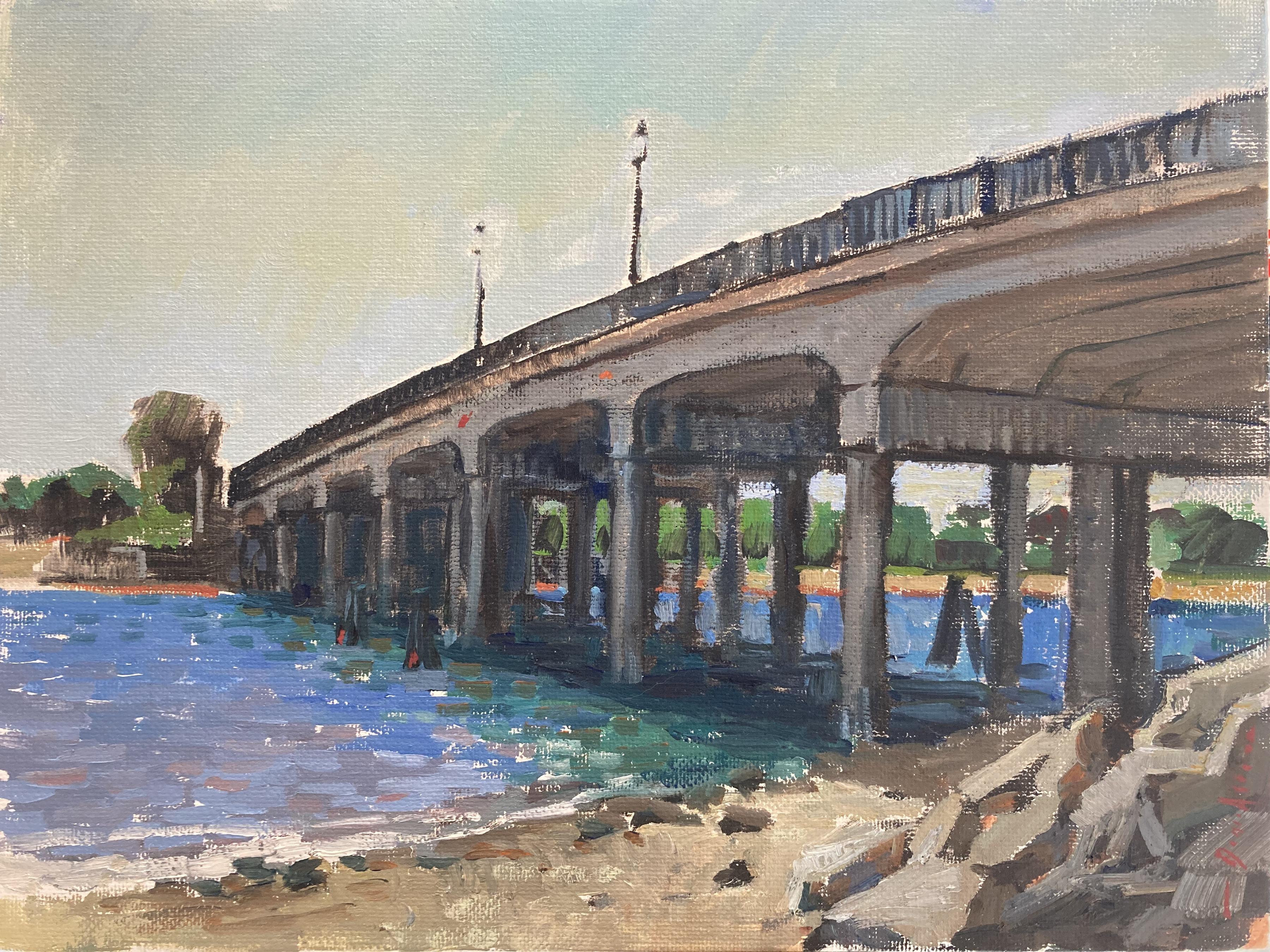 Landscape Painting di Daniela Astone - "North Haven Bridge" Pittura ad olio impressionista, Ponte di Sag Harbor, The Hamptons