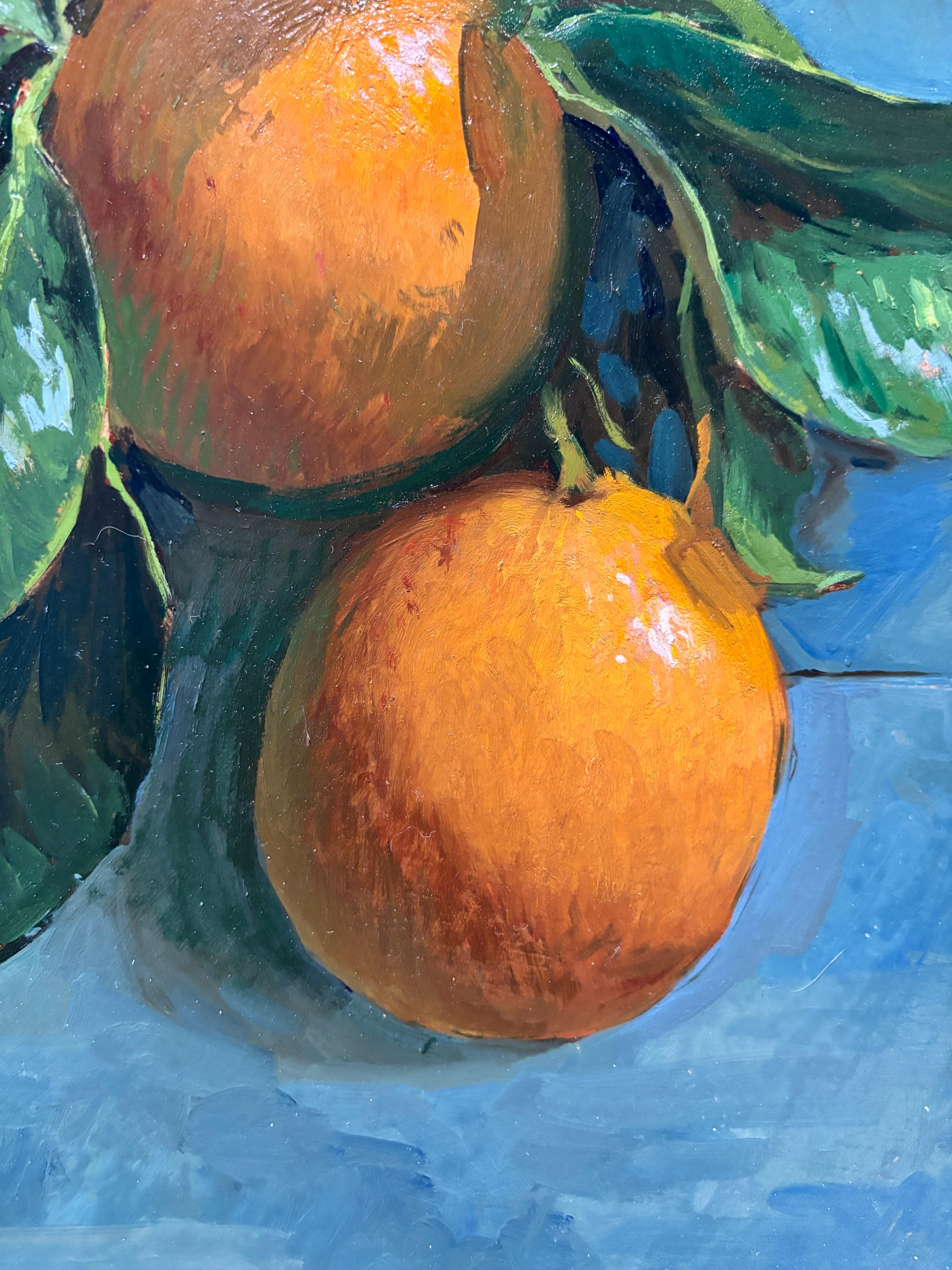 „Oranges #1“ realistisches Stilllebengemälde, orangefarbene Früchte mit Blättern im Angebot 8