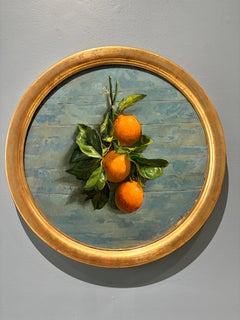 "Naranjas nº 1" pintura realista de bodegón, fruta naranja con hojas