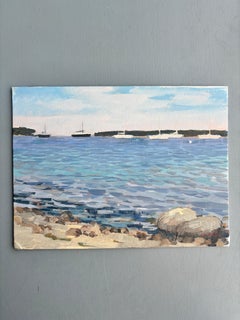 "Bahía de Sag Harbor" 2024 - Pintura impresionista, óleo sobre tabla, veleros en el agua