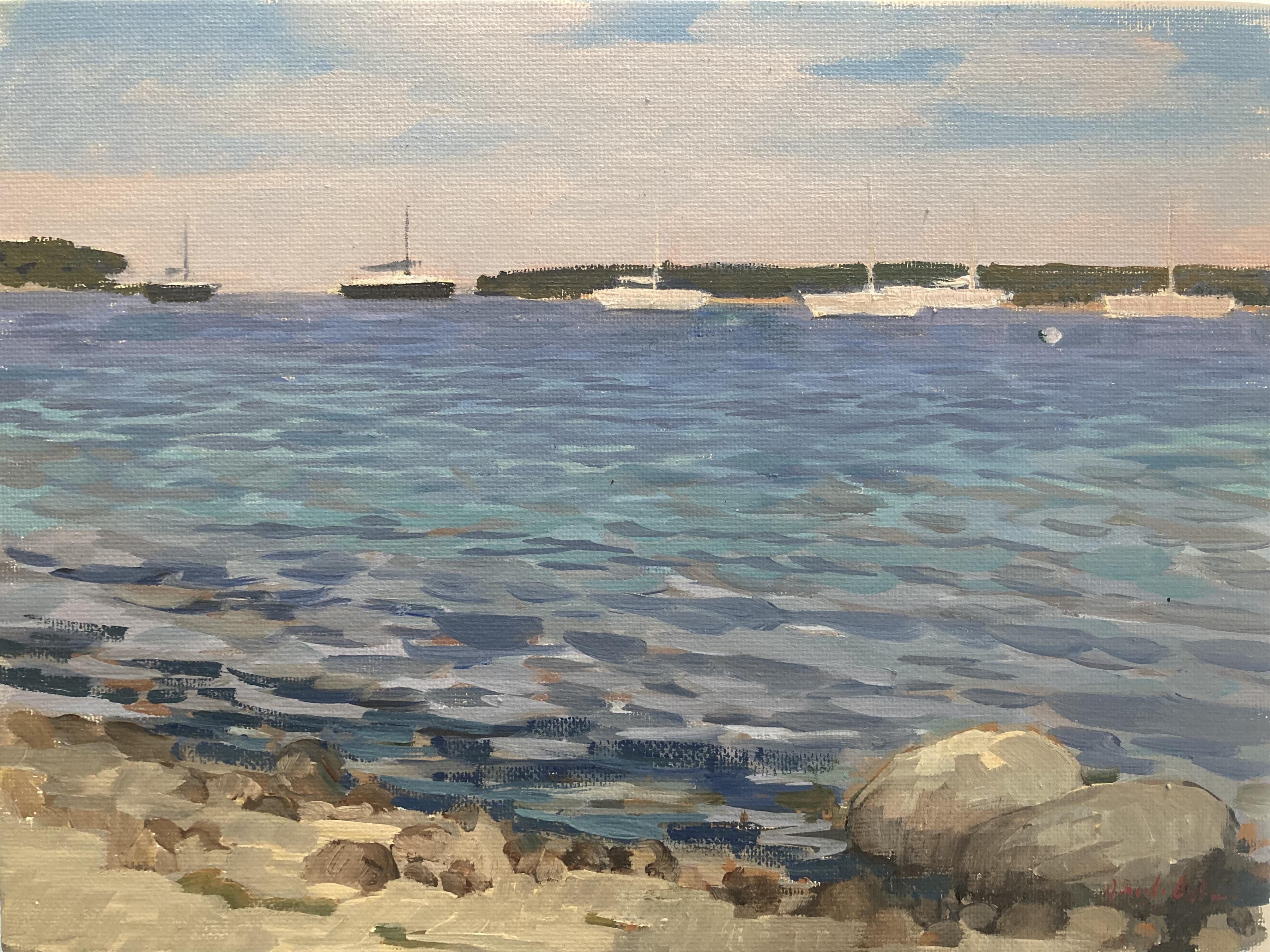 Landscape Painting di Daniela Astone - "Sag Harbor Bay" 2024 - Quadro impressionista, olio su tavola, barche a vela in acqua