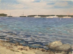 "Sag Harbor Bay" 2024 - Impressionist painting, oil on panel, sailboats in water