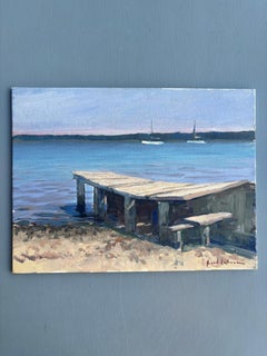 "Sag Harbor Dock" Impressionist oil painting, dock with boats in water