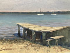 "Sag Harbor Dock" Impressionist oil painting, dock with boats in water
