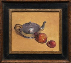 "Teapot" contemporary realist still life in bright yellow, silver and peach