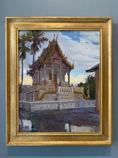 "Temple In Thailand" oil painting, of gilded worship house, indospheric, framed