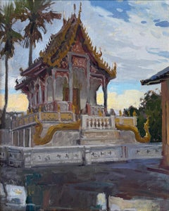 "Temple In Thailand" oil painting, of gilded worship house, indospheric, framed