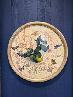 "Los Limones, Amarillos" realista, bodegón, flores, mariposas, enmarcado y firmado