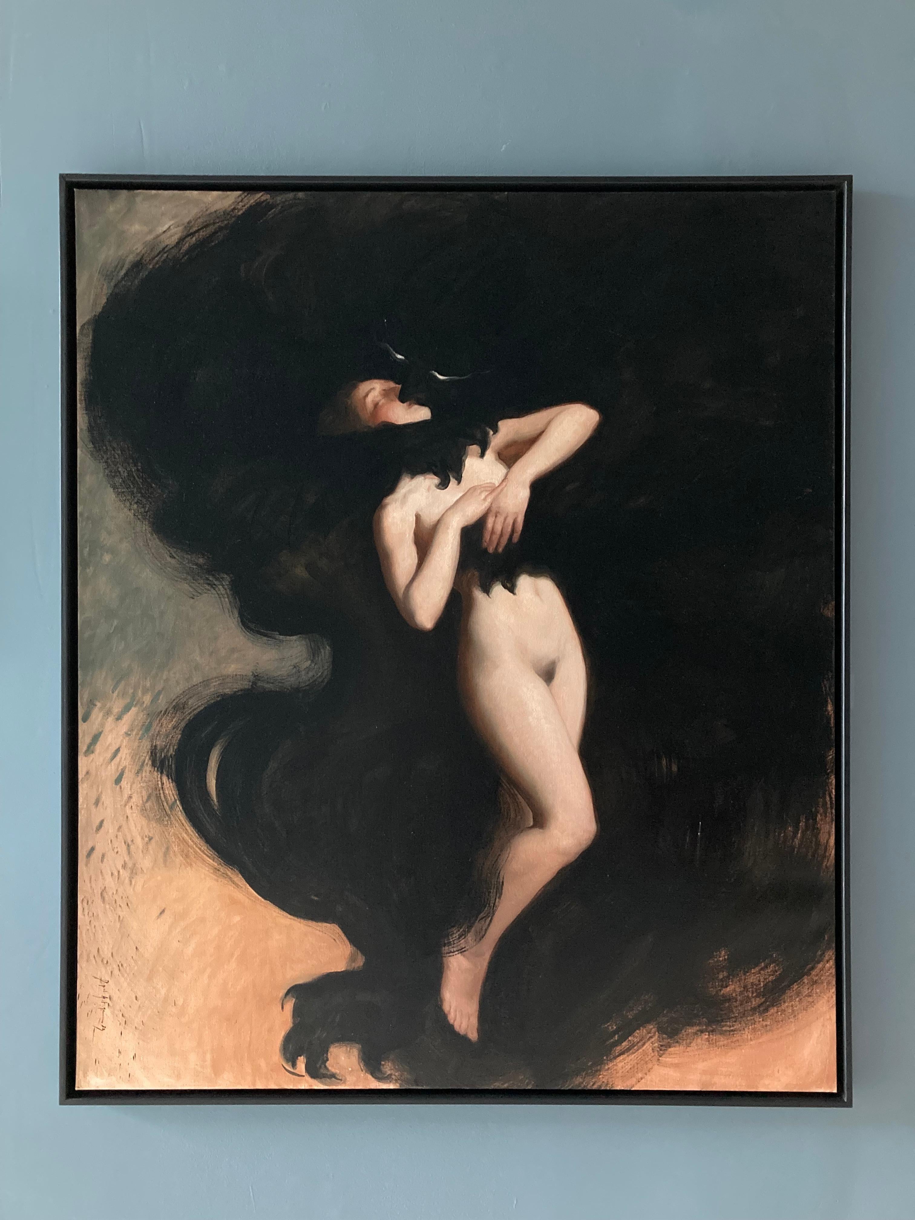 The Kiss - 2023, peinture à l'huile figurative sombre de Daniela Astone en vente 2