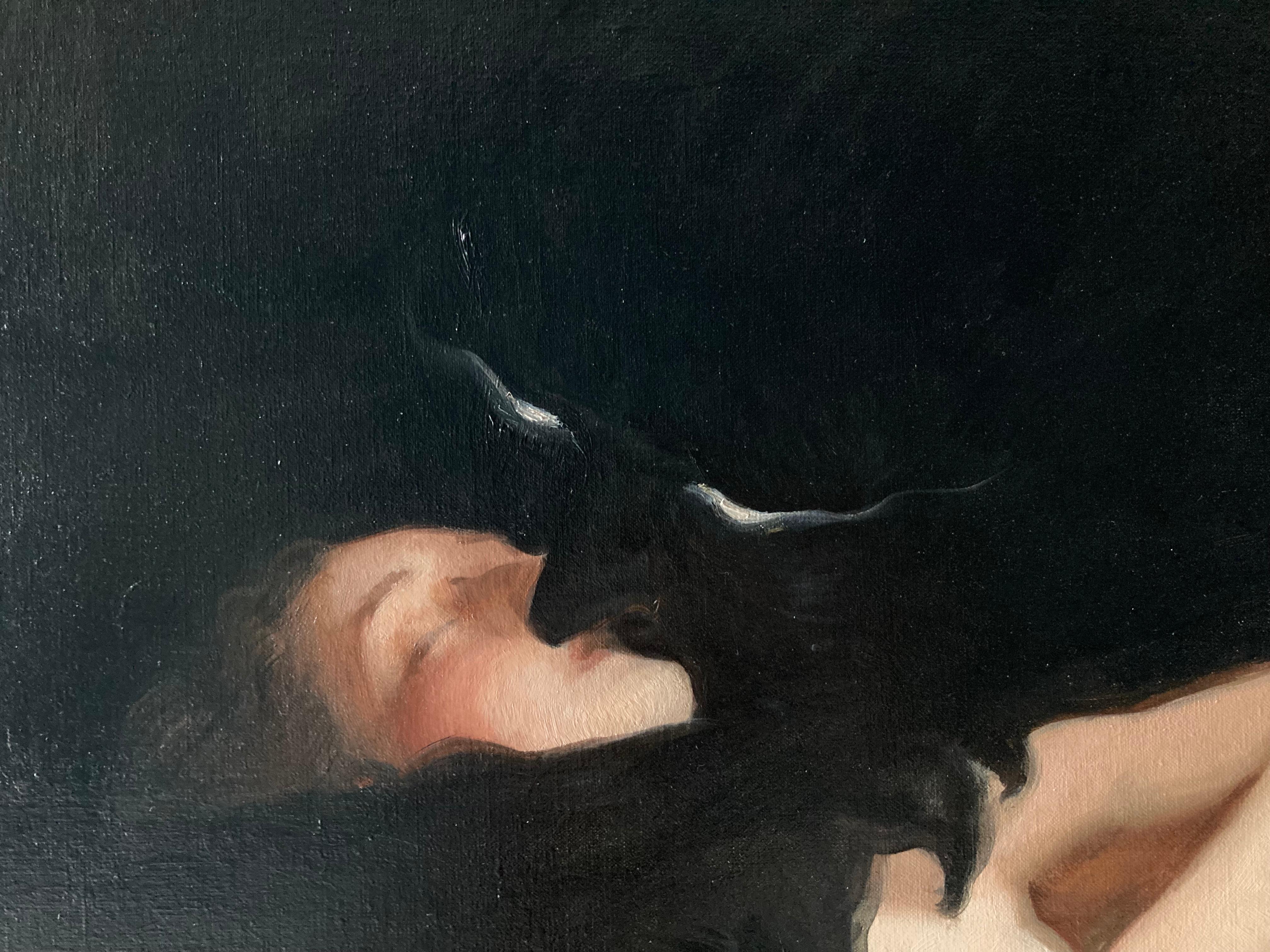 The Kiss - 2023, peinture à l'huile figurative sombre de Daniela Astone en vente 5