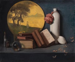 "Un Histoire Ancienne" contemporary realist still life of books and objects