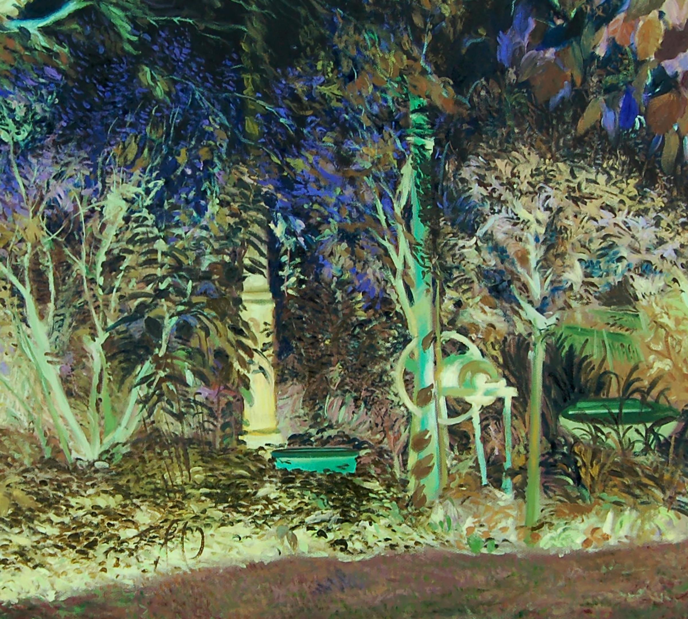 Oana's garden - 21st Century, Landscape, Green, Blue, Trees, Forest, Figurative - Painting by Daniela Bălăneanu