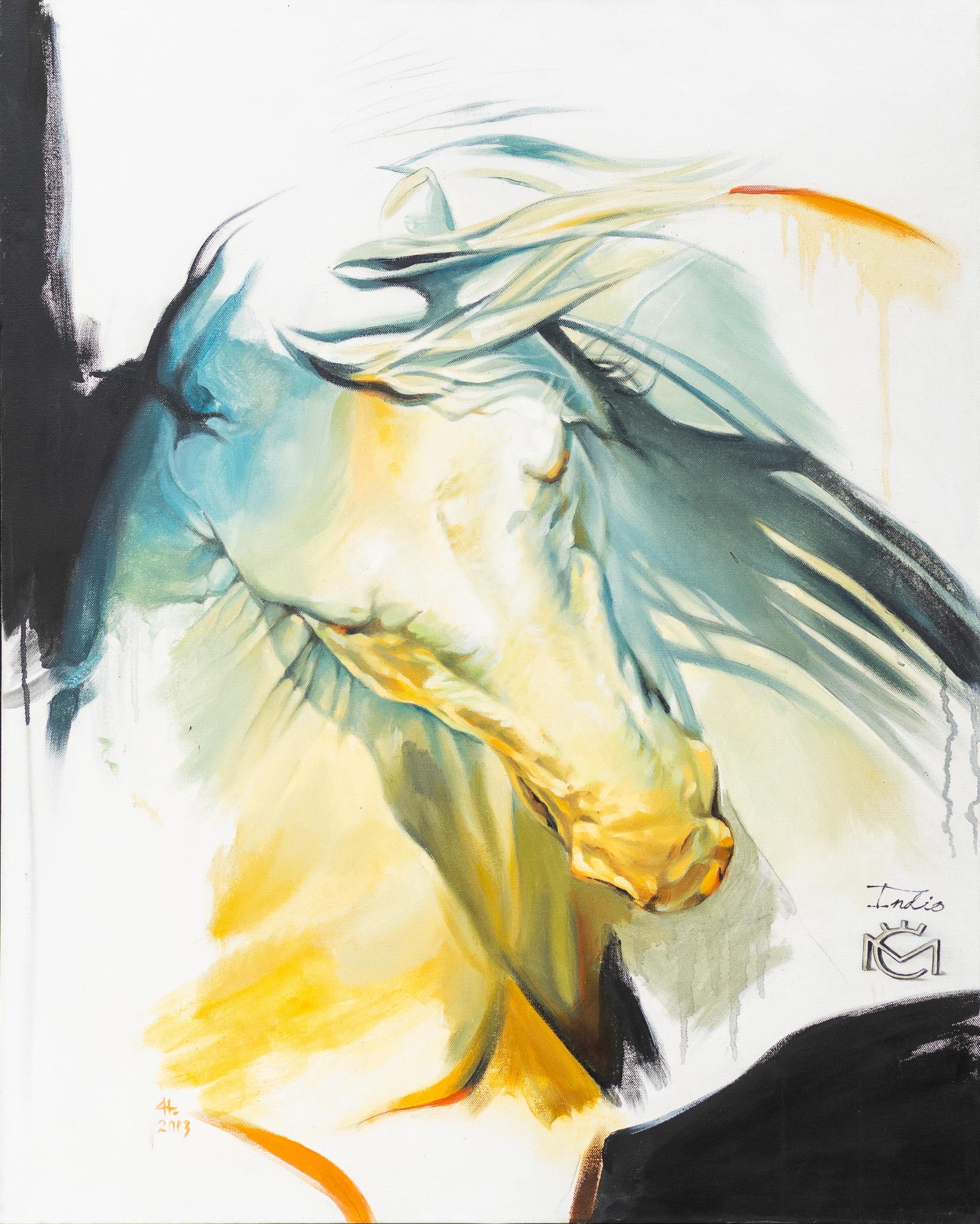 Animal Painting Daniela Nikolova - Cheval expressionniste contemporain en bleu et jaune