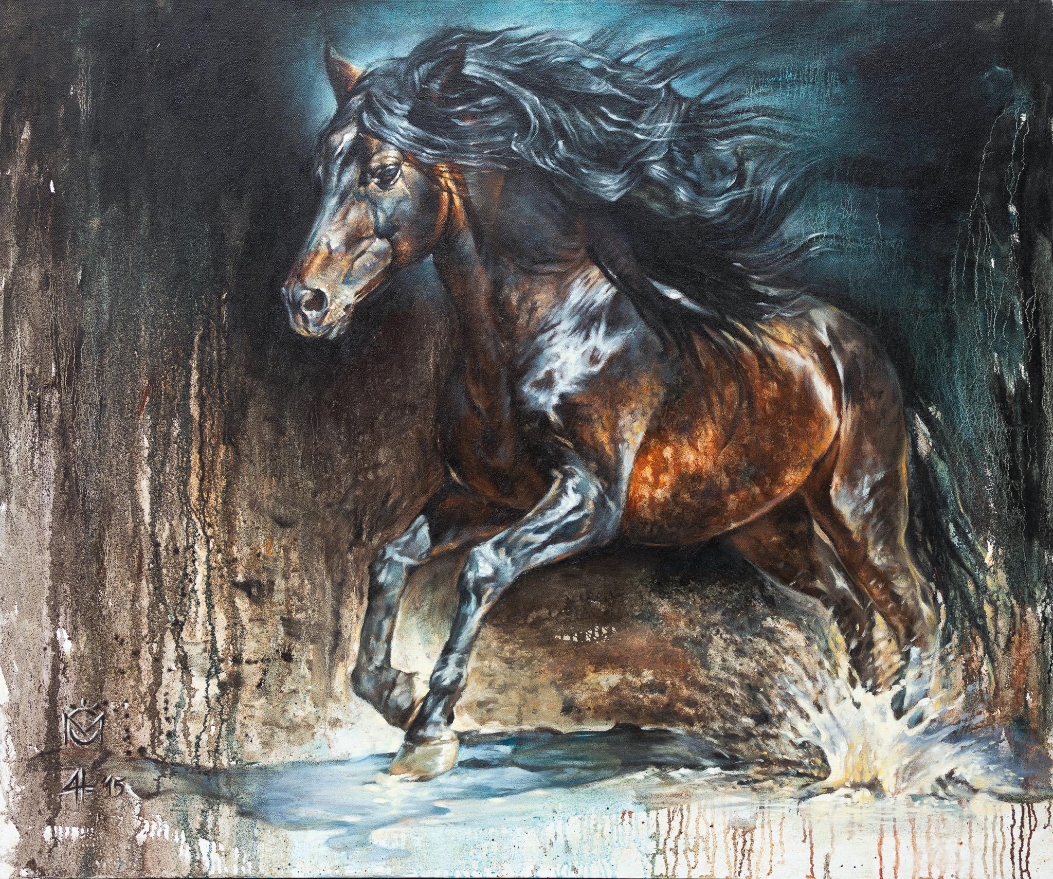 Daniela Nikolova Animal Painting - "Horse Galloping in Shallow Water" Equine Painting