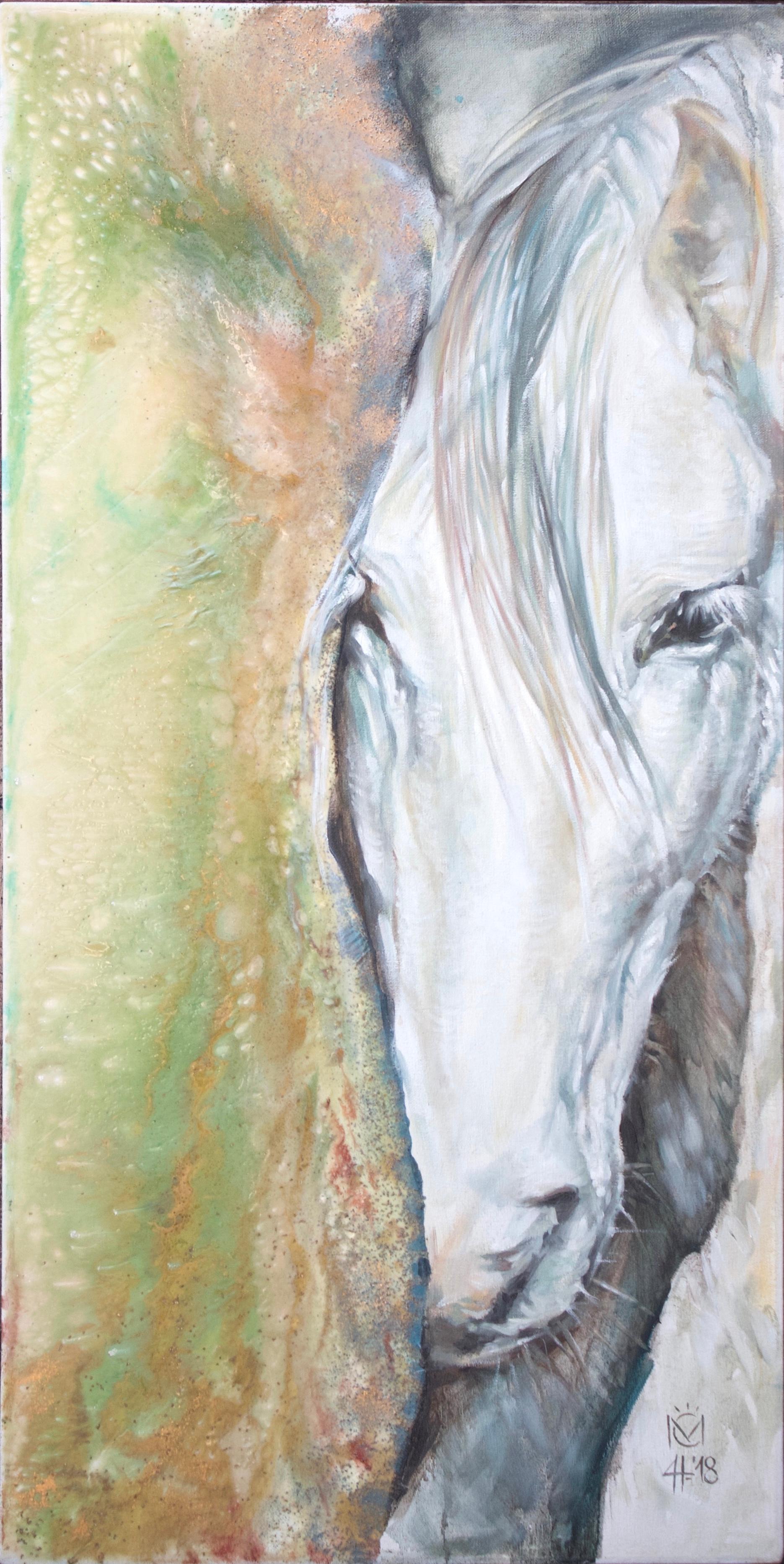 Tableau vert abstrait avec cheval gris